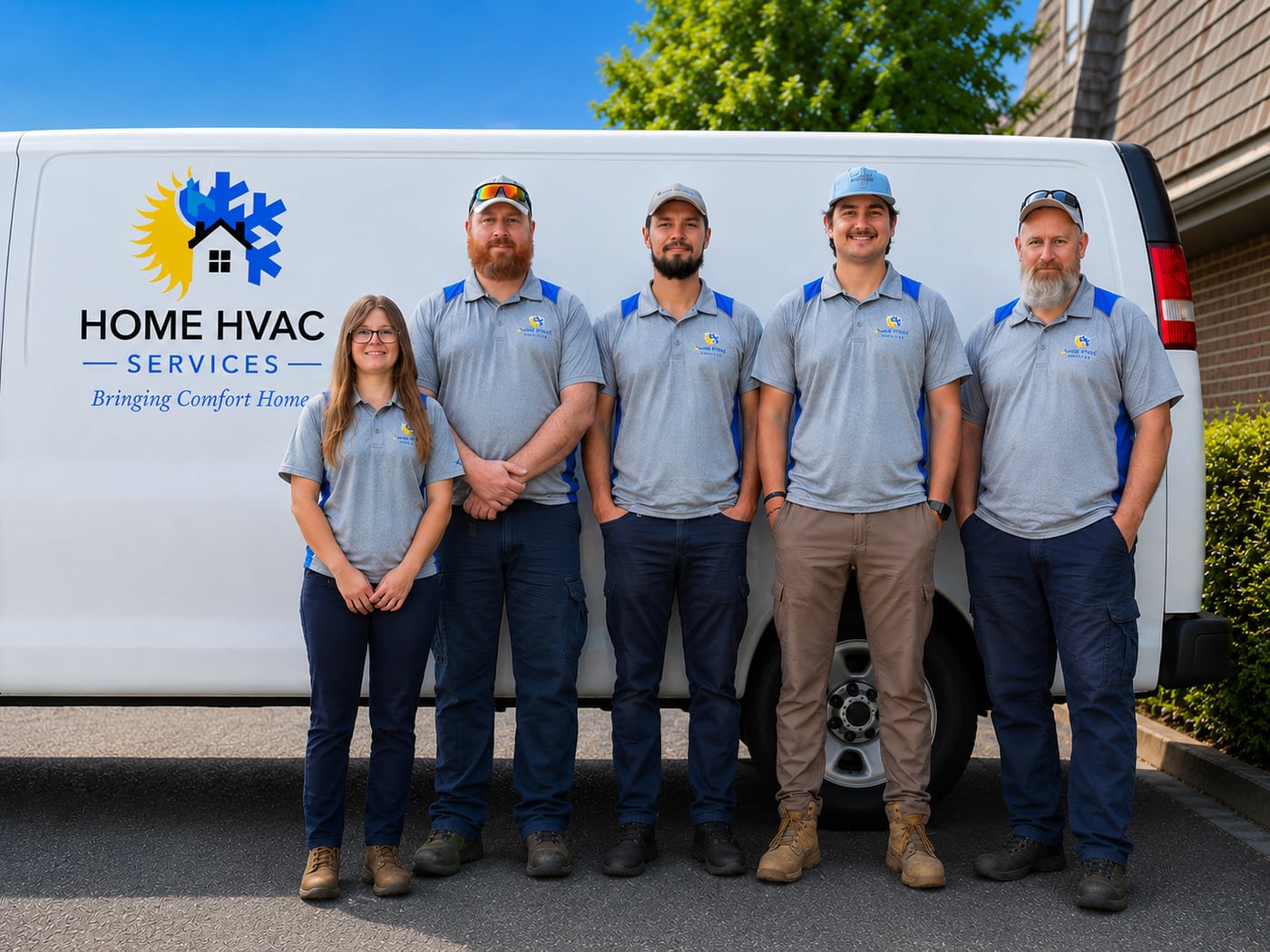 The Home HVAC Services team — Jill, Shawn, Zack, Alex and Sean — in front of a company van